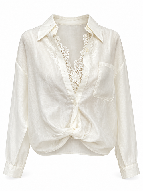 CAMISA CON ENCAJE Y NUDO FRONTAL MARFIL