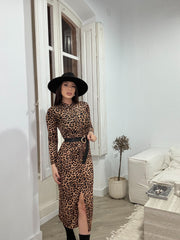 Vestido animal print midi fruncido