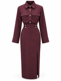 CONJUNTO CAMISA Y FALDA MIDI RAYA DIPLOMÁTICA BURDEOS