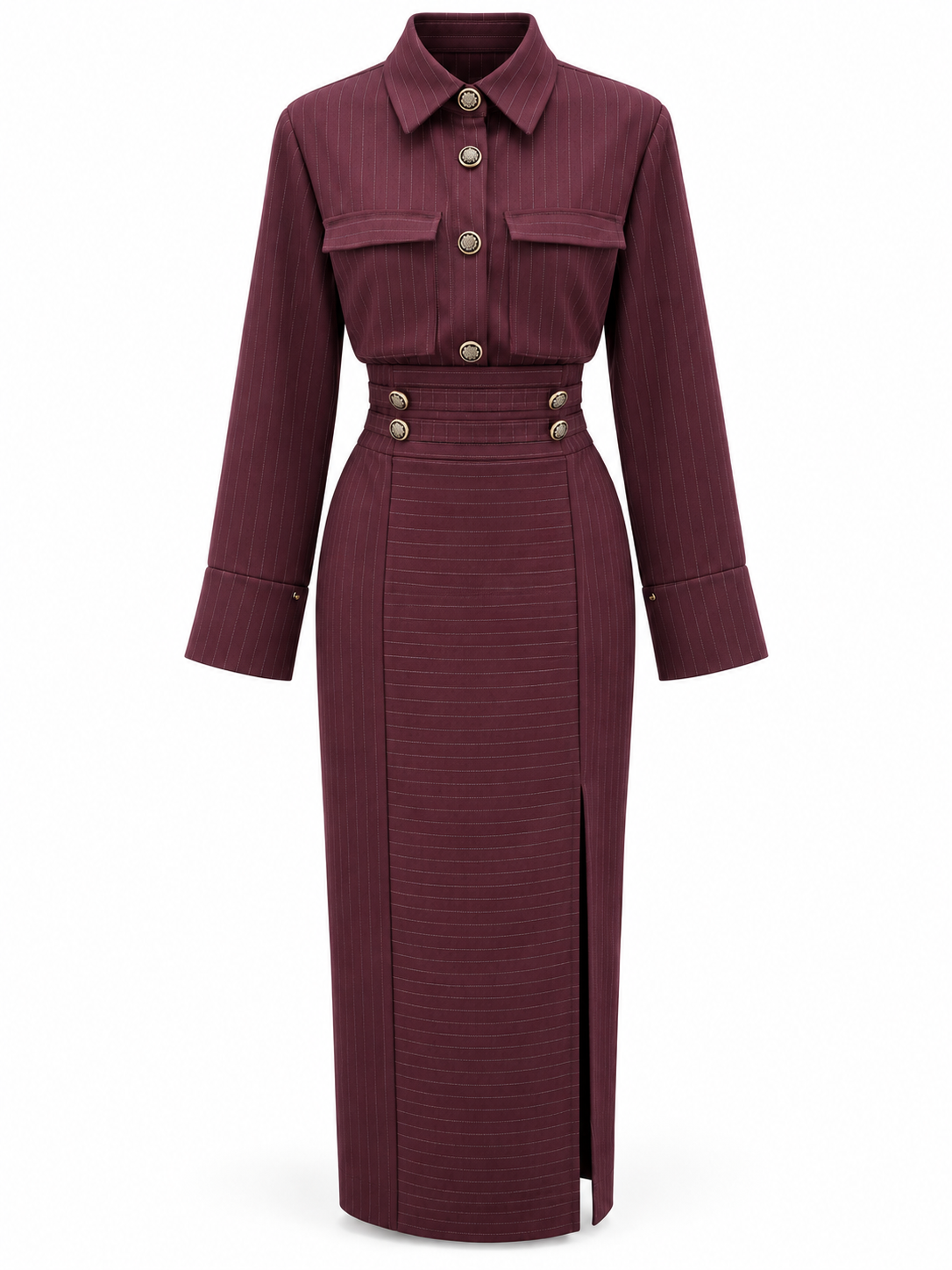 CONJUNTO CAMISA Y FALDA MIDI RAYA DIPLOMÁTICA BURDEOS