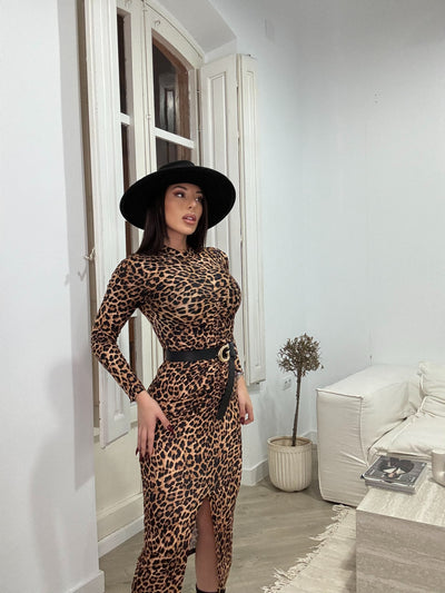 Vestido animal print midi fruncido