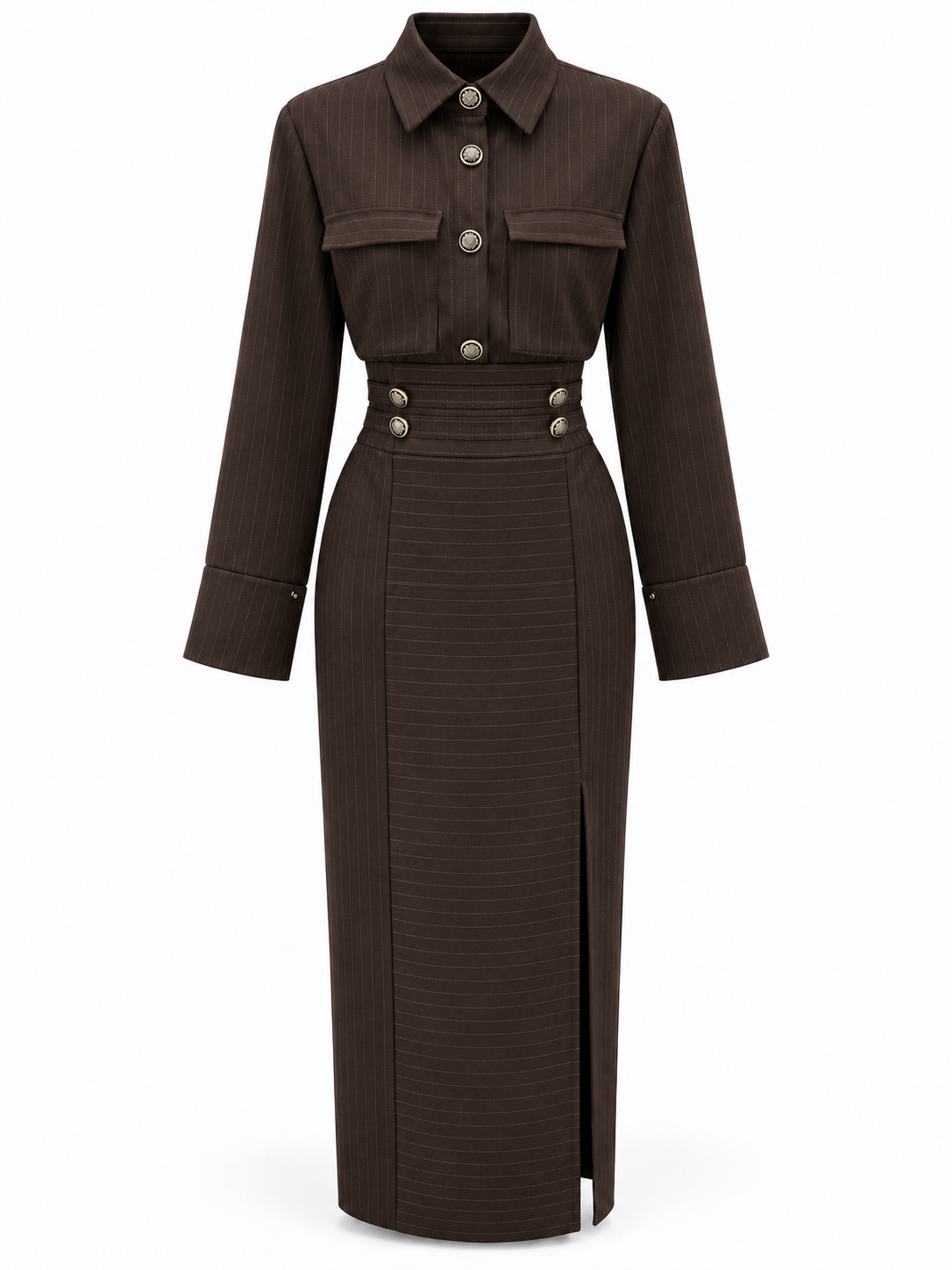 CONJUNTO CAMISA Y FALDA MIDI RAYA DIPLOMÁTICA CHOCOLATE