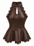TOP PEPLUM EFECTO PIEL CON ENCAJE CHOCOLATE