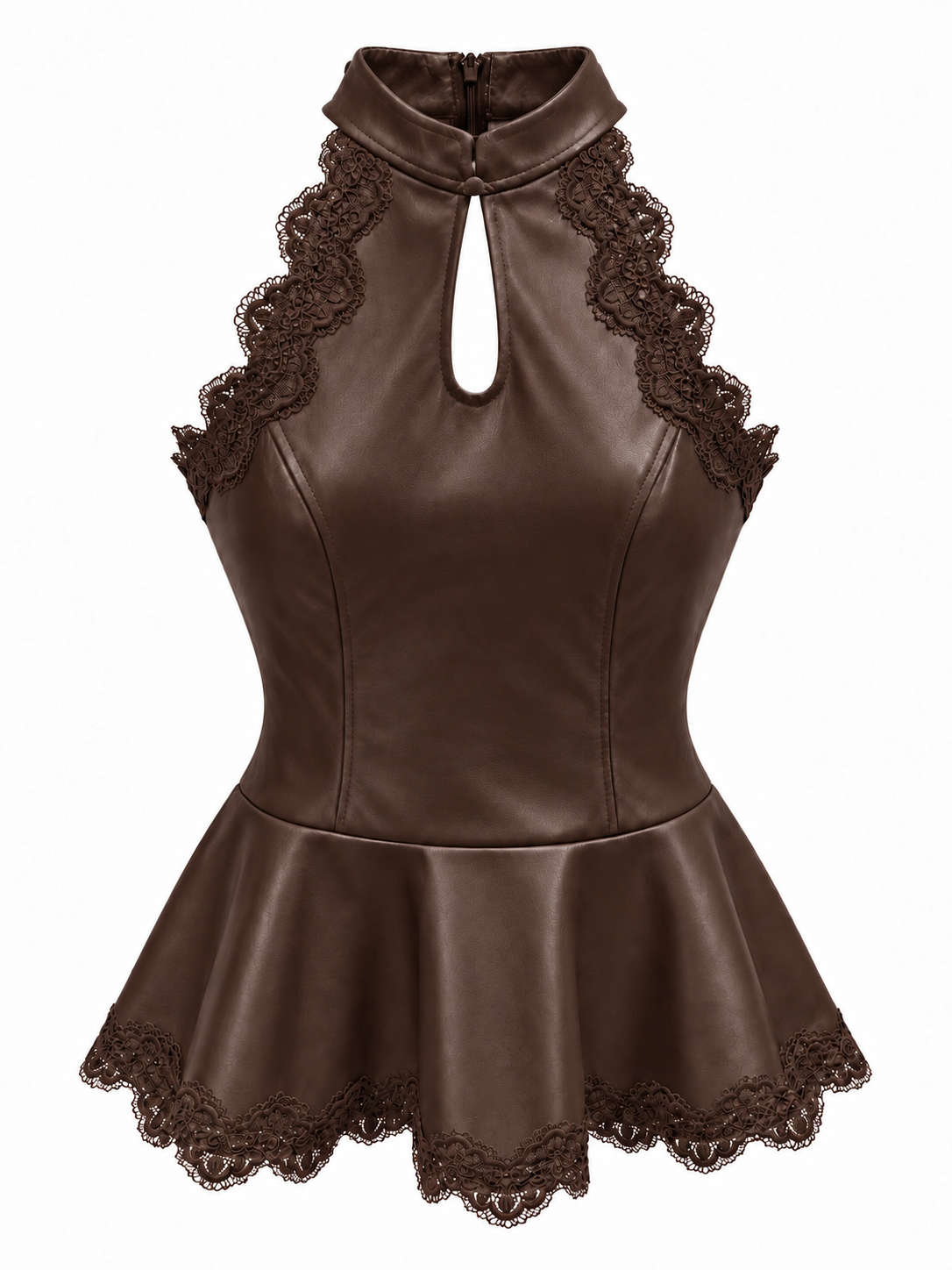 TOP PEPLUM EFECTO PIEL CON ENCAJE CHOCOLATE